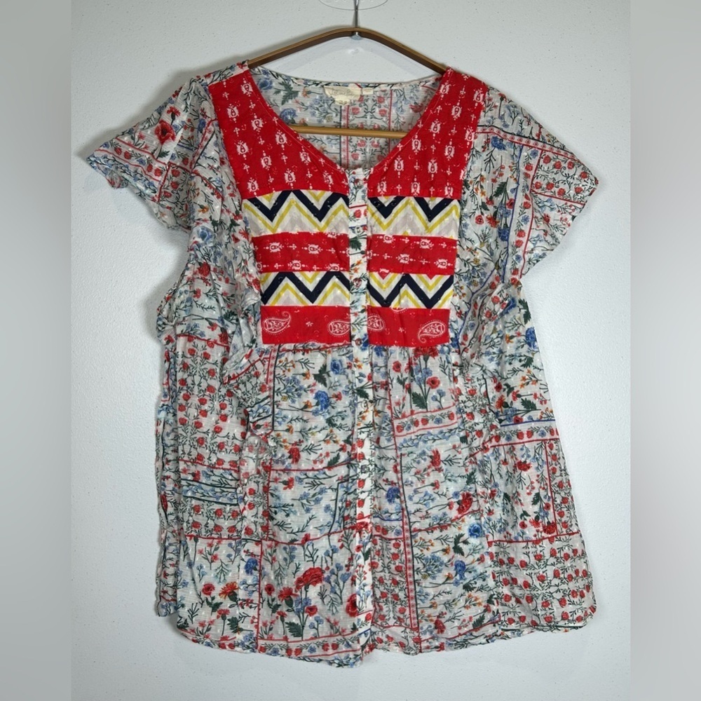 Anthropologie Let Me Be Boho Hippie Festival Linen Button Up Festive Blouse.